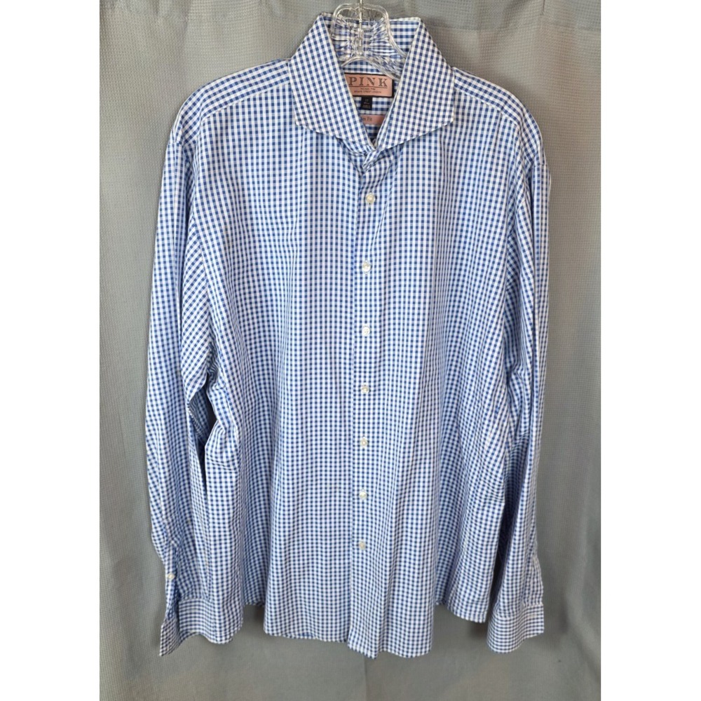 Thomas Pink Dress Shirt Mens 17 Blue Gingham Slim Fit Long Sleeve